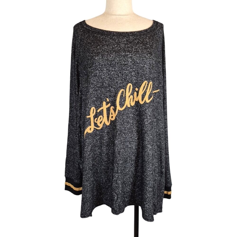Sleep Cacique Pajama Top Womens 26-28 Heather Black Gold Lets Chill Round Neck